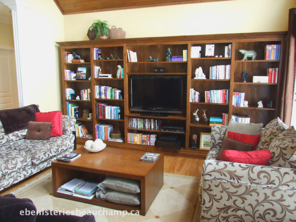 A living room with two patterned sofas, a wooden coffee table, and a large wooden bookshelf unit with a TV in the center. The shelves contain books, decorative items, and a few electronic devices.